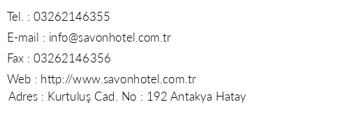 Savon Butik Otel telefon numaralar, faks, e-mail, posta adresi ve iletiim bilgileri